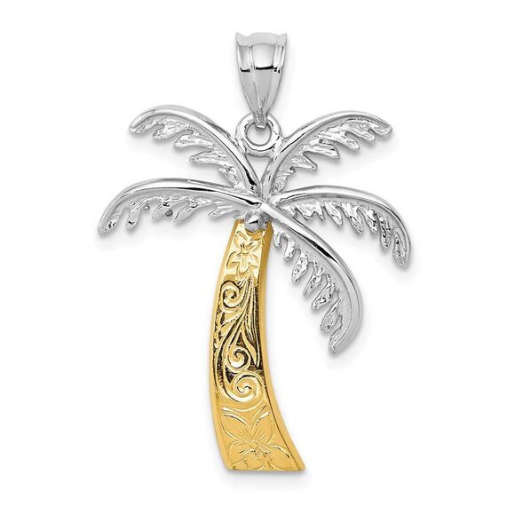 14k White and Yellow Gold, Two Tone Textured Palm Tree Pendant - Picture 1 of 4